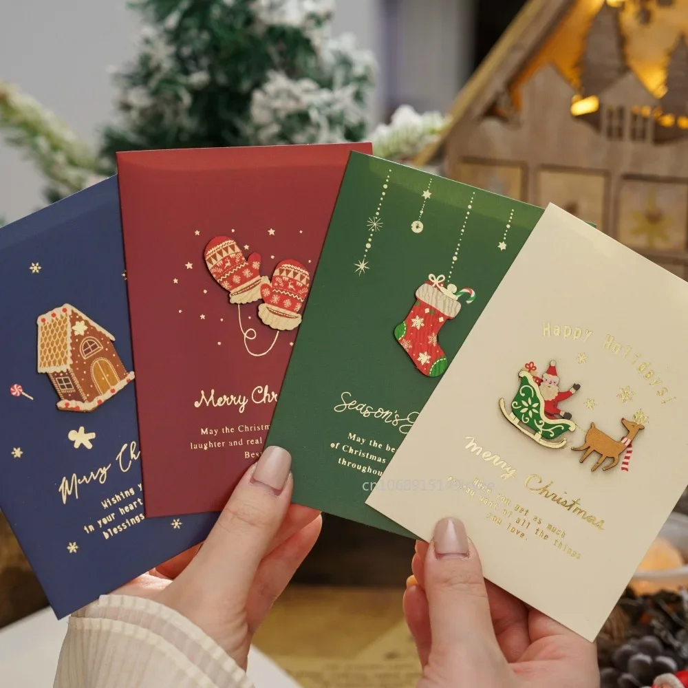Merry Christmas Fold Small Greeting Cards with Envelopes Xmas Postcard Navidad New Year DIY Gift Card Decoration