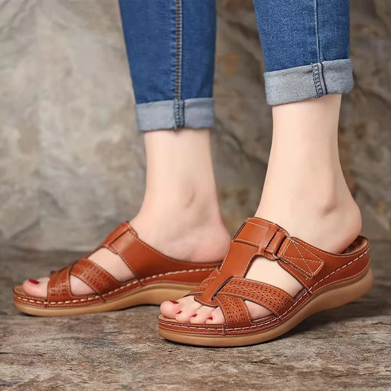 

Plus Size Women's Casual Vintage Wedge Platform Sandals Sewn Leather Slip-On Ladies Summer Sandals Plus Size