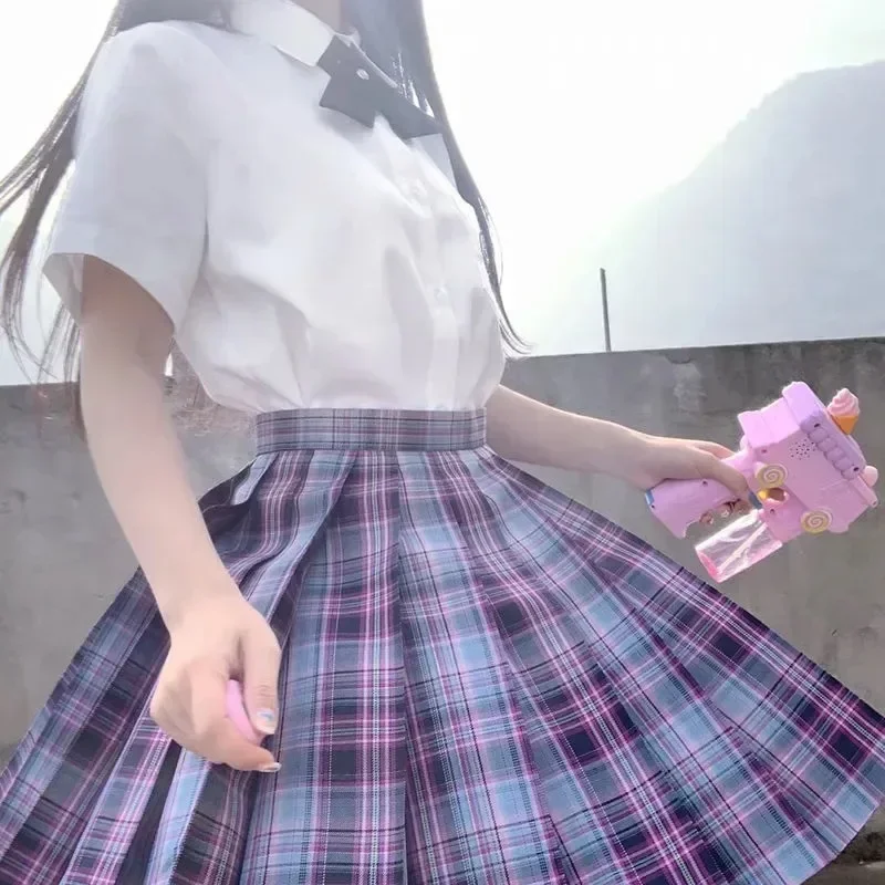 Korean School Girls Uniform Pleated Skirts Japanese School Uniform High Waist A-Line Plaid Skirt Sexy JK Uniforms Woman Full set