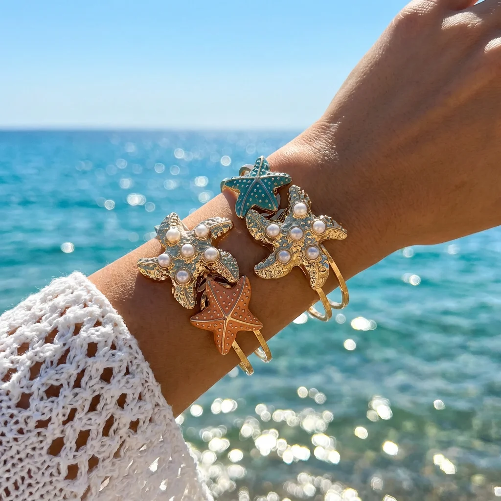 Design Sense Farbenfroher Seestern-Armreif für Damen Elegantes Imitat-Perlen Seestern-Manschettenarmband Sommer Ozean Schmuck – Detail 5