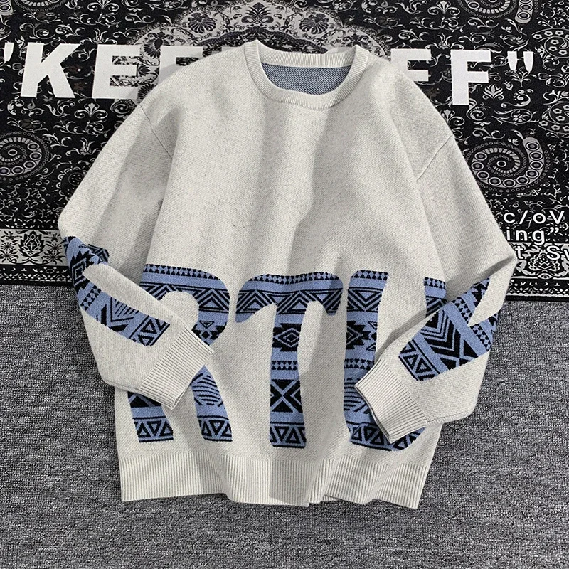 Men's Oversized Sweaters Autumn Letter Printed Knitted Sweaters Fashion Streetwear Long Sleeve Crewneck Graphic Pullovers Male
