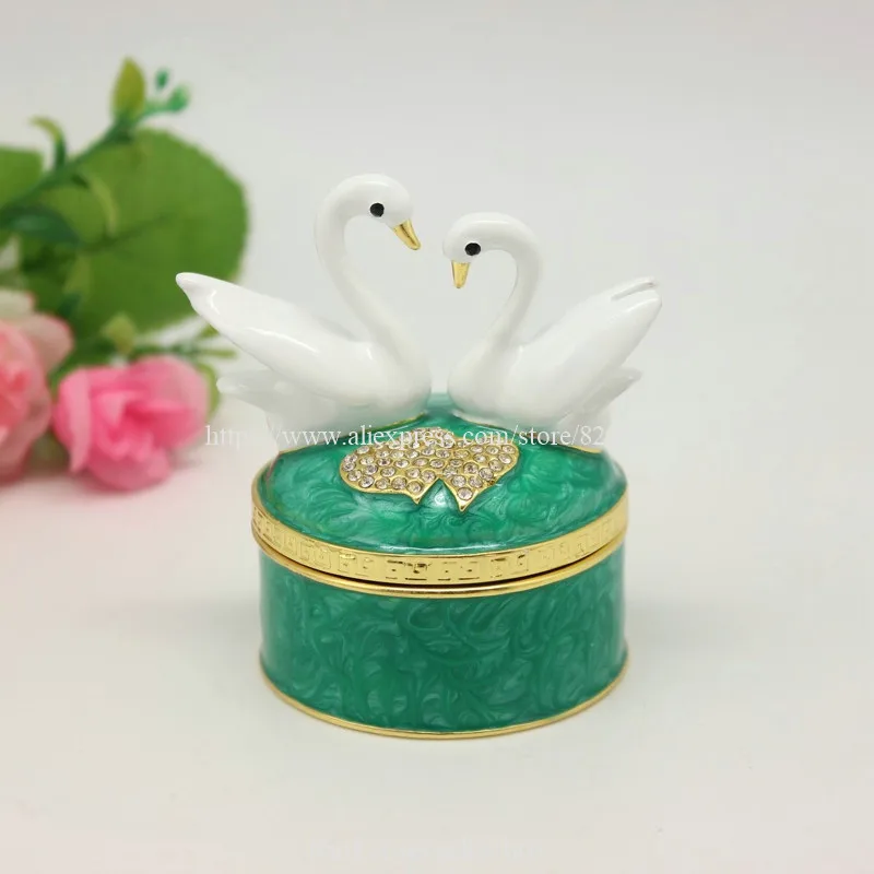 Swans Trinket Box Hinged Crystal Enameled Ornament