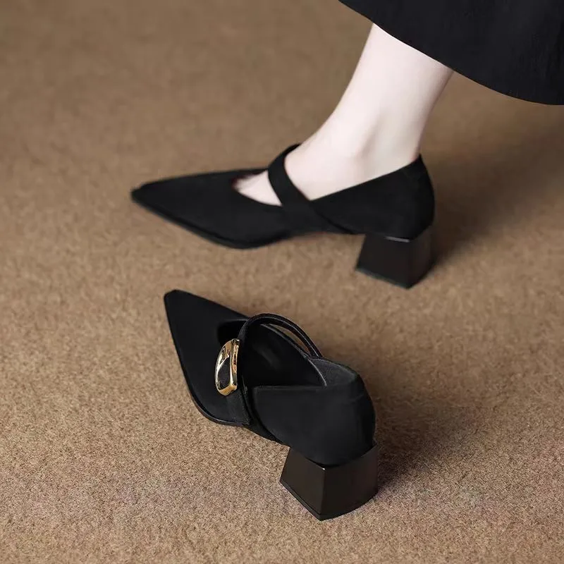 Aphixta Mid Heel Pumps Metal Duckle Spring Autumn Shoes Elegant Women Mary Janes Shoes Cow Suede Square Heel Shallow Woman Shoes