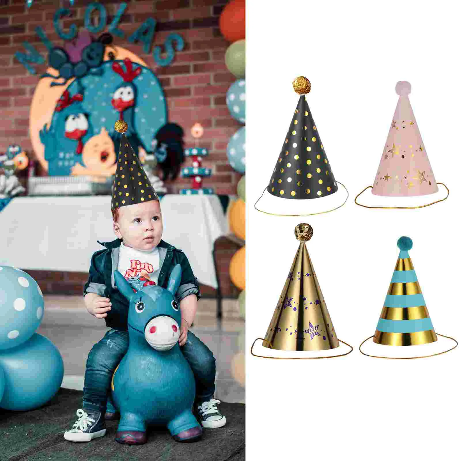 

12pcs Children Adults Birthday Party Gilding Paper Hats Pointed Birthday Caps