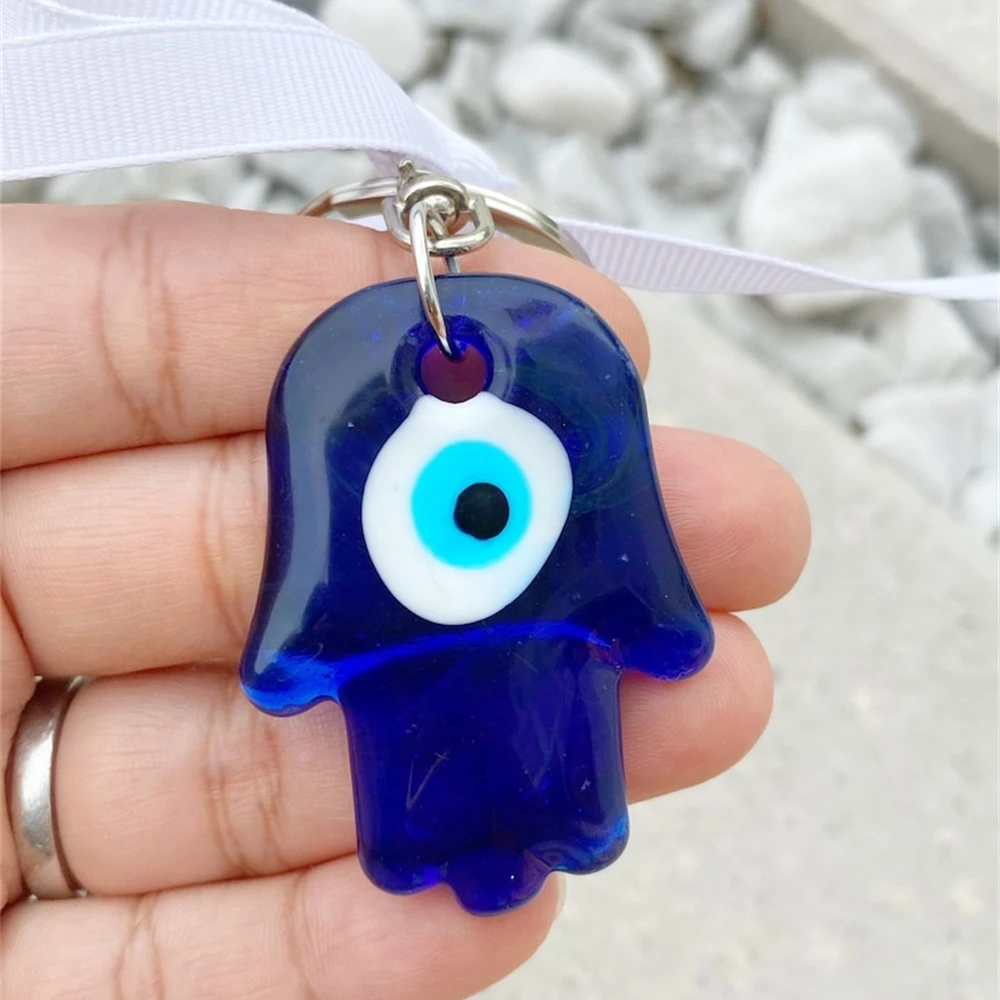Evil Eye Hamsa Glass Keychain Car Keyring Blue Turkish Evil Eye Heart Key Chain for Jewelry Pendant Bag Accessories Decor Gift 4