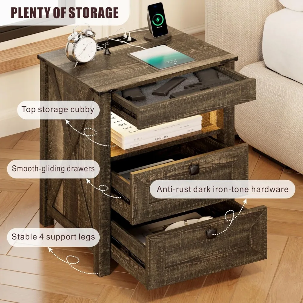 LED Nightstand with Gun Storage Drawer and Hidden Lock, Modern Sensor-Activated Bedside Table with Rustic Style