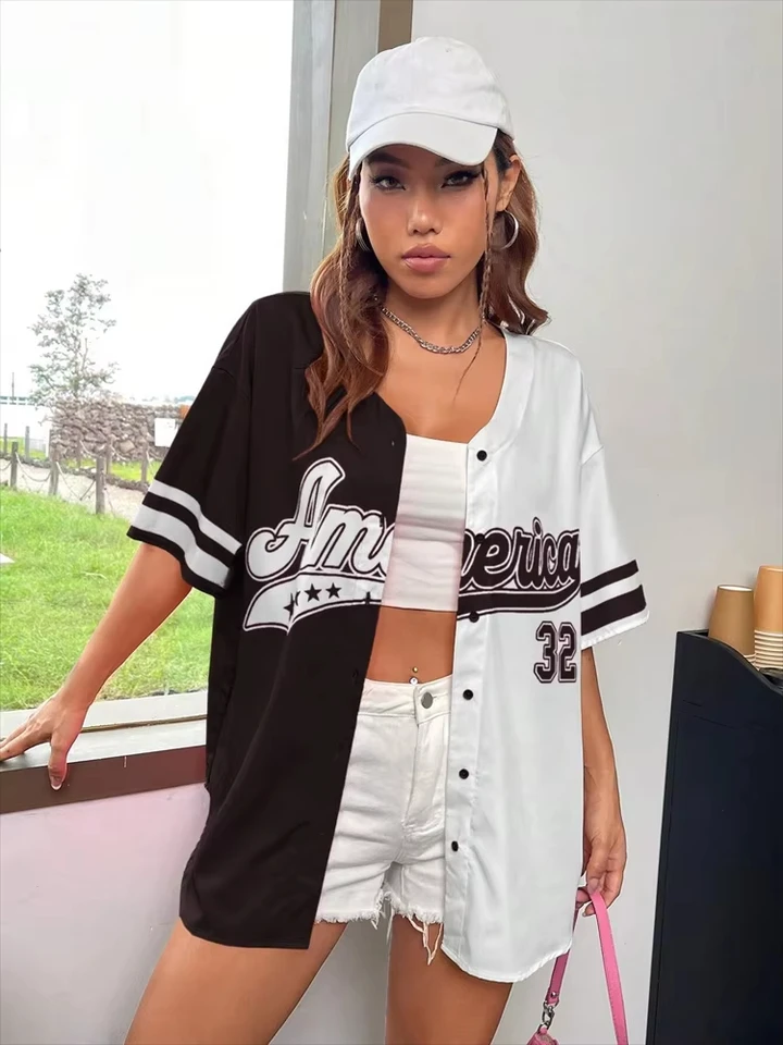 America Number 32 Baseball Tshirts Women Fashion Trend Button