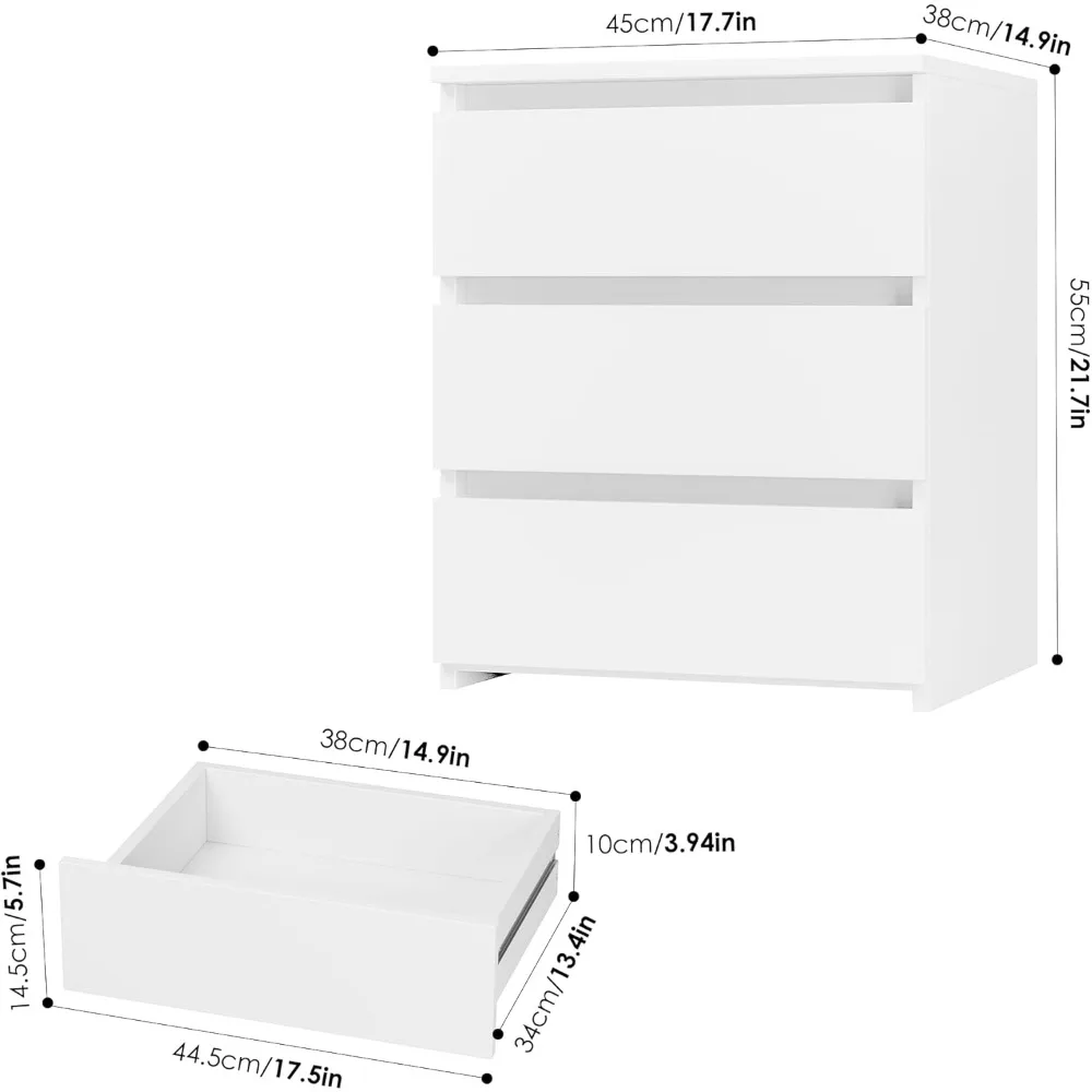 White Nightstand with 3 Drawers, White Bedside Table Night Stand for Bedroom with Cut-Out Handle, Sofa Side Table 3 Drawer 3