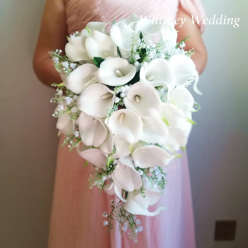 Bride Flowers Real Photos Ivory Calla Lilies with Convallaria Majalis Bouquet Mariage Cascading Bouquet Fleur Artificielle