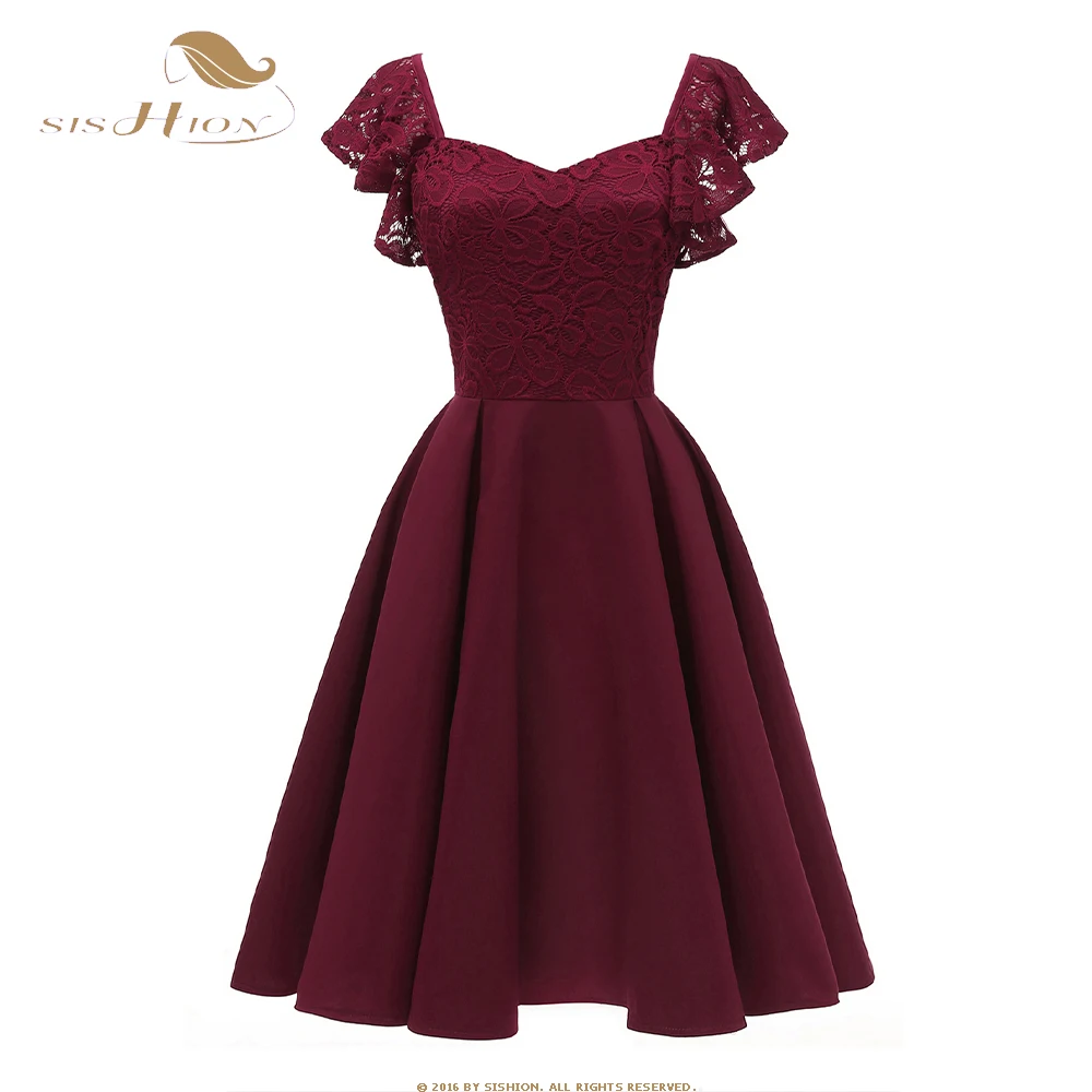 

Women's Dress Lace Patchwork Solid Wine red Blue Tunic Vintage Elegant Dress Flying Sleeve Bridesmaid Cocktail Party Dress SR363