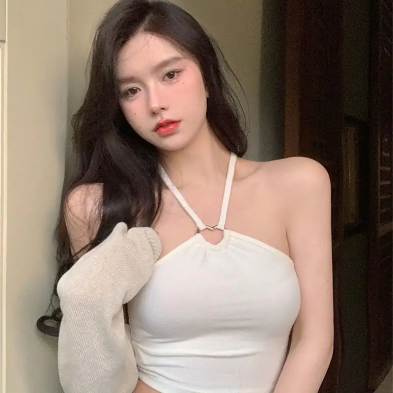 

2023 Korean Women Tank Tops Solid Color Halter Sweet Camisole Slim Sexy Exposed Navel Crop Top