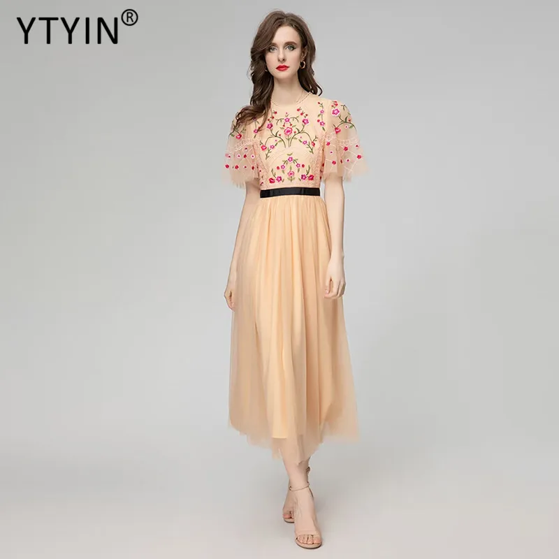 

YTYIN Fashion New Designer Spring Mesh Long Dress Women O-neck Flare Sleeve Floral Embroidery High Waiste Elegant Party Dresses