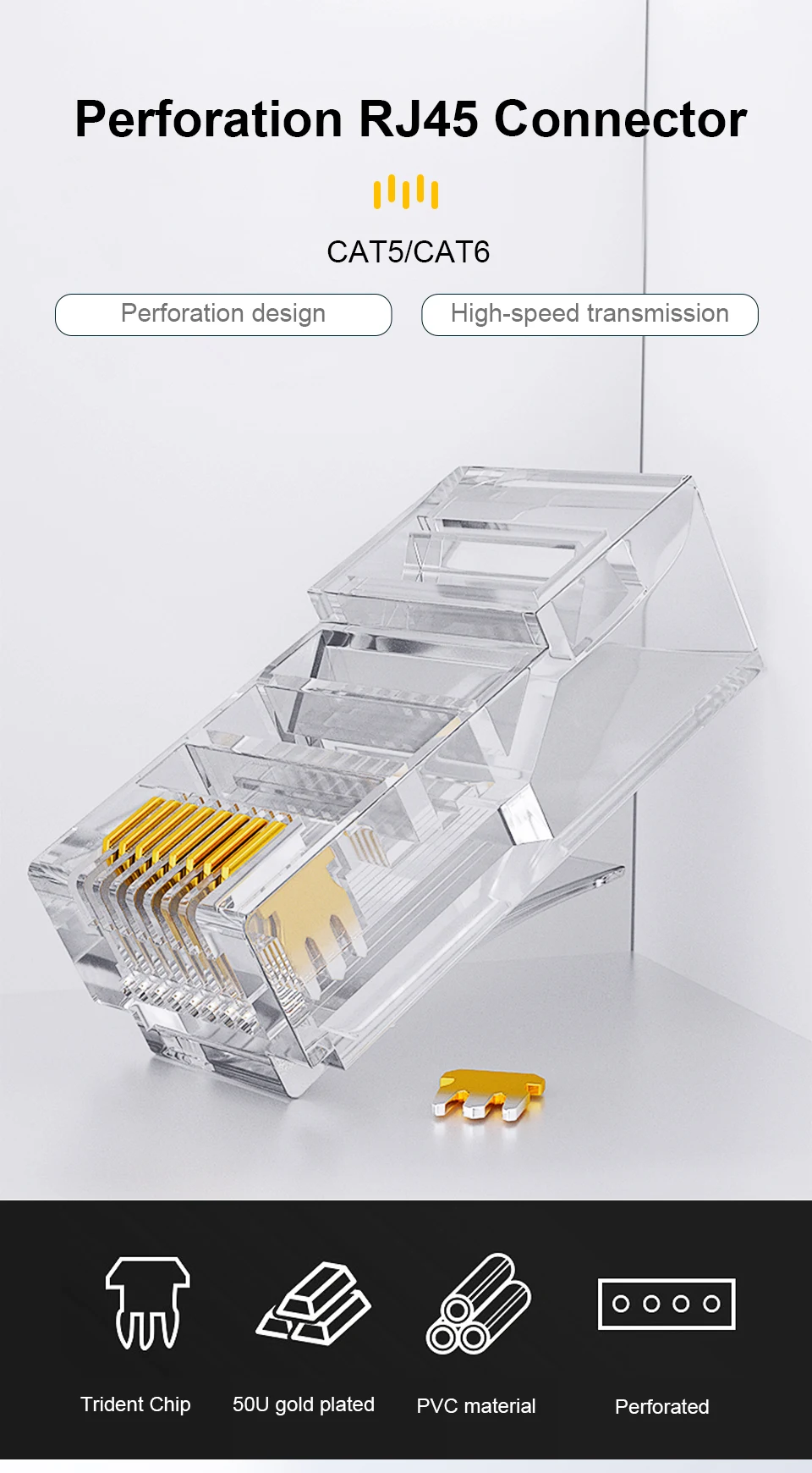 ONTi 10/50pcs CAT6 CAT5E Pass Through RJ45 Modular Plug Network Connectors UTP 50μ Gold-Plated 8P8C Crimp End for Ethernet Cable