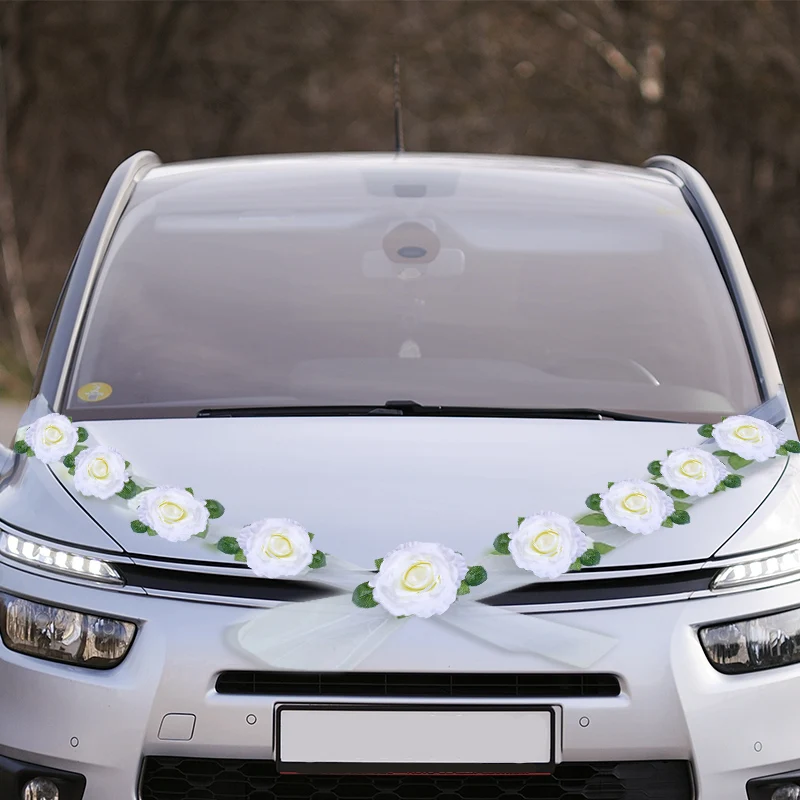 

1set White Rose Artificial Flower with Ribbons Wedding Car Front Door Handle Fake Rose Flowers Garland Decoration DIY Supplies