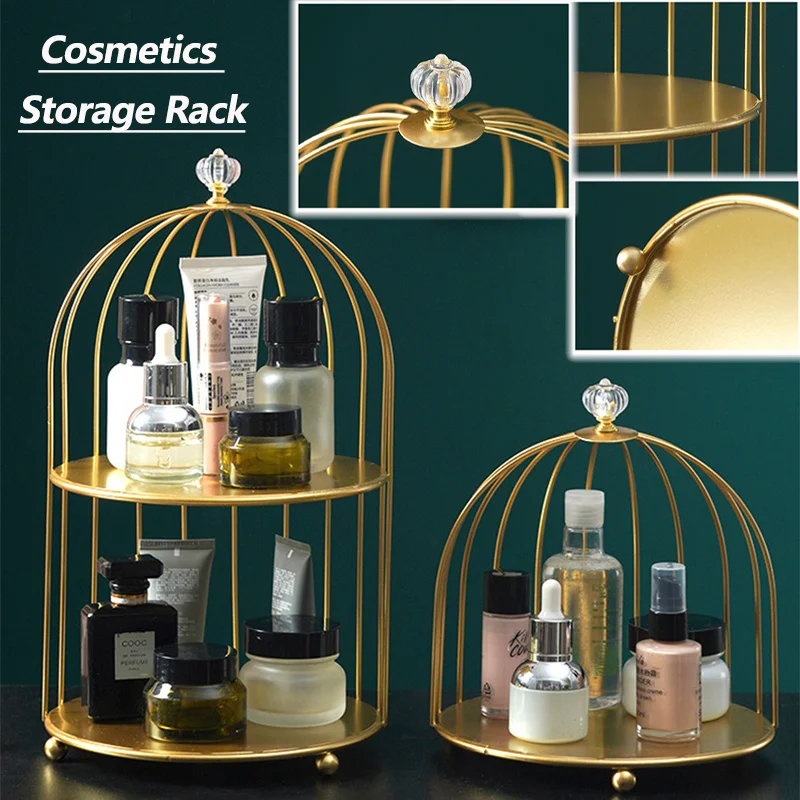 Metal Birdcage Cosmetic Storage Organizer Rack Shelf Nordic Gold Cake Cupcake Display Stand Holder Desktop Rack Holders Shelves