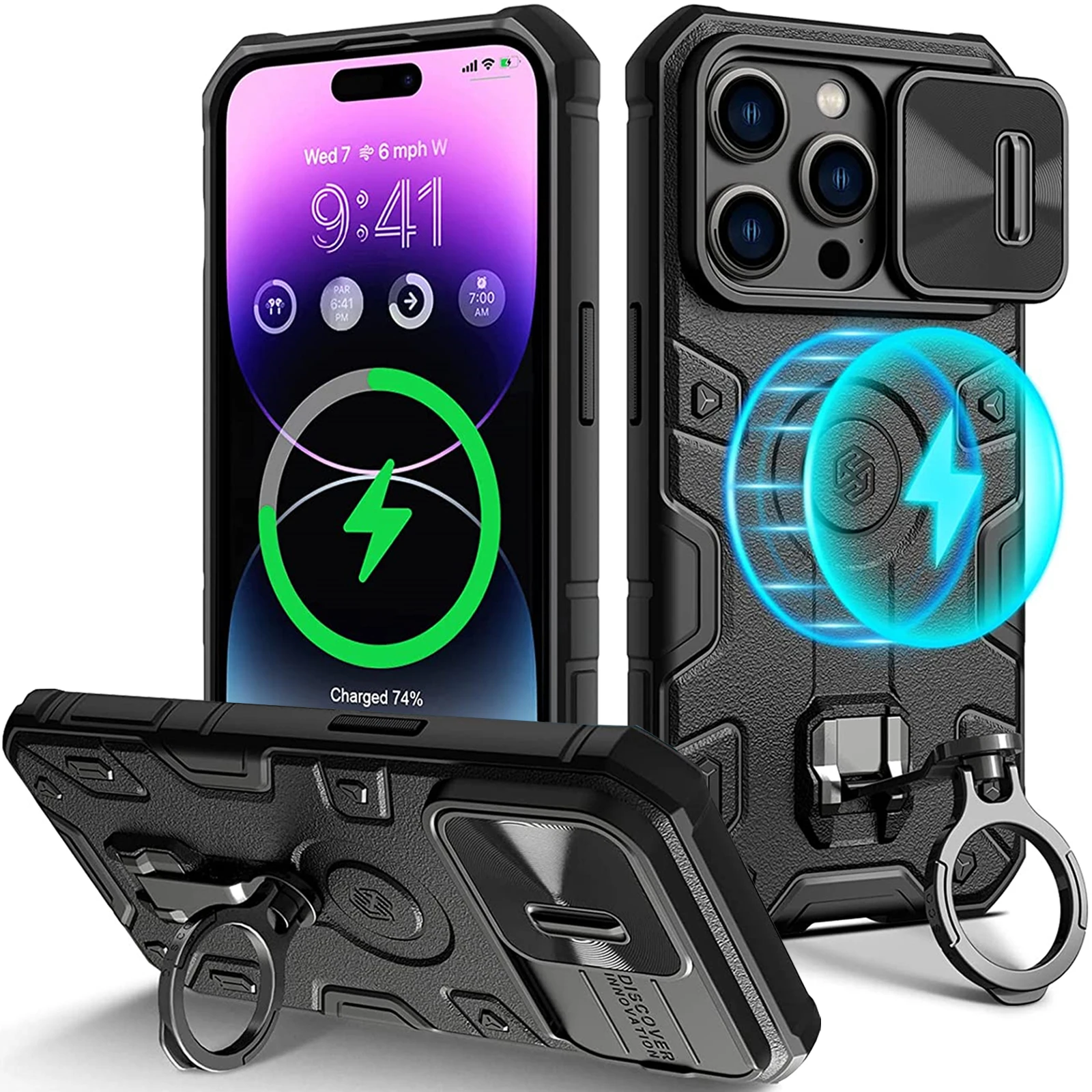 

Push Cap Lens Case For iPhone 14 Pro Max 14 Plus 14 Magnetic Slide Camera Finger ring holder PC Anti-drop Phone Case Cover