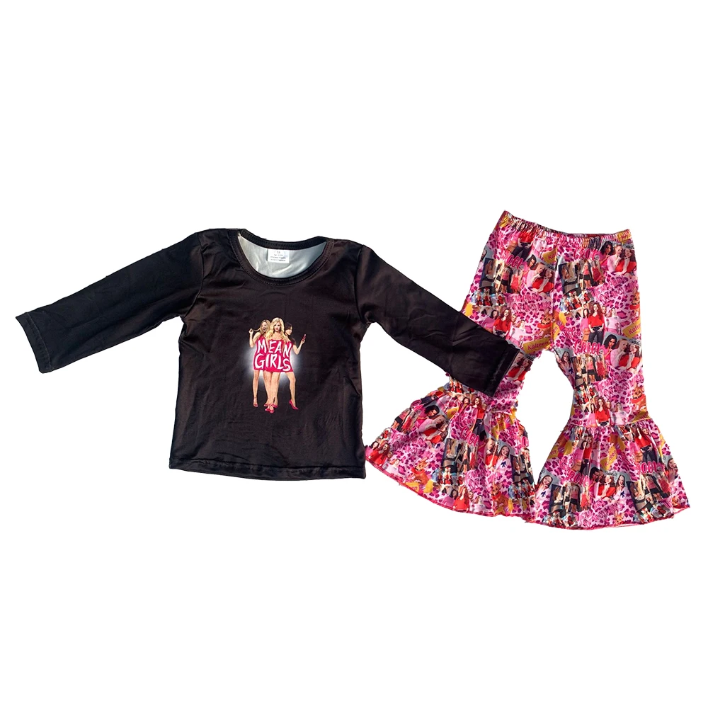 

Boutique Toddler Mean Girls Outfits Long Sleeves Top Pink Leopard Bell Bottom Pants Set Kids Clothing