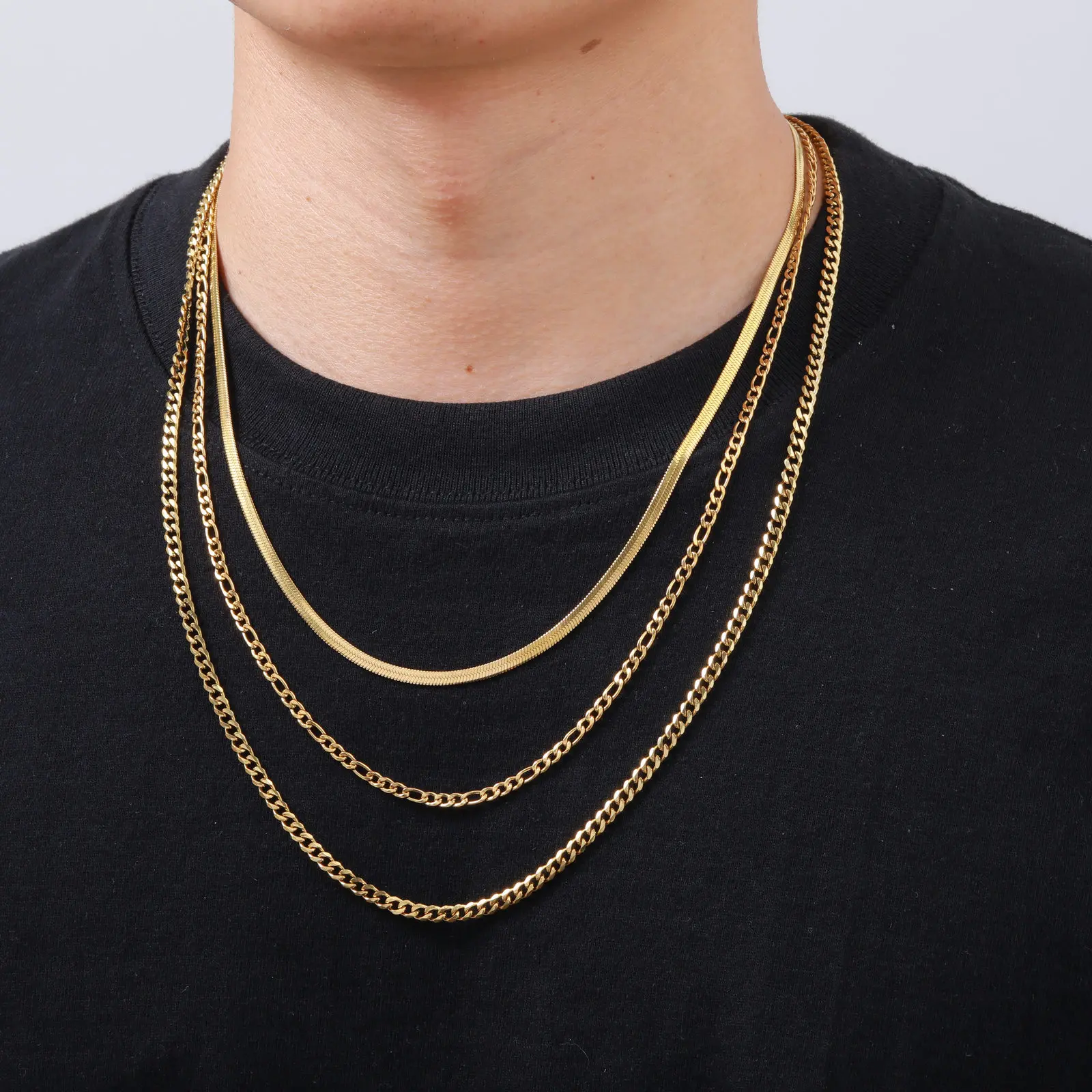 Vnox 50/55/60cm Ketten-Halsketten-Set, Silber-Gold-Farbener Edelstahl-Basis-Halsreif, 3-teiliges Set Halsketten-Schmuck Geschenk für Männer und Frauen – Detail 1