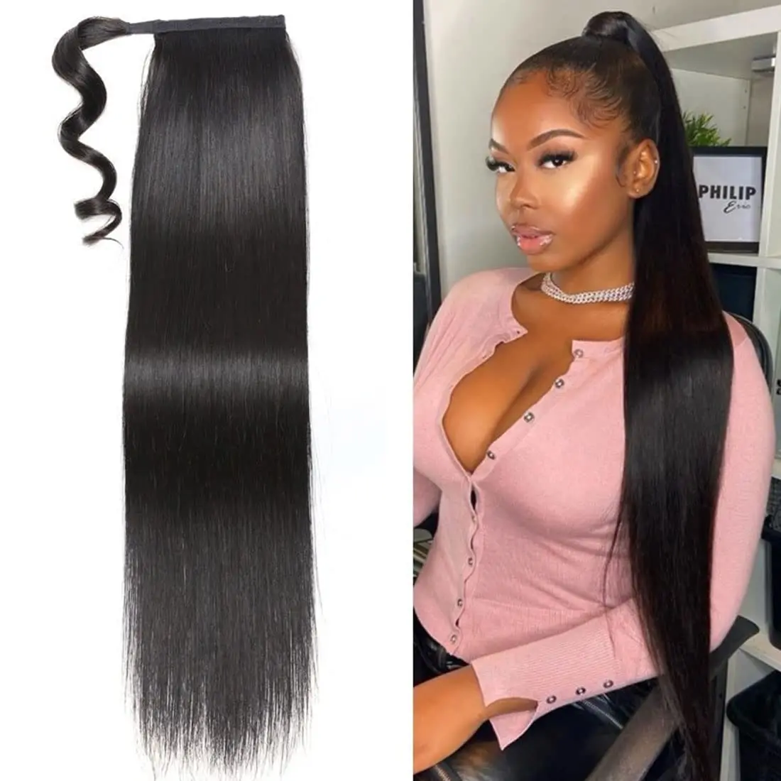 Ponytail Human Long Straight Hair Wrap Around Remy Hair Extensions Brazilian Clip Ins Natural Color Hairpiece