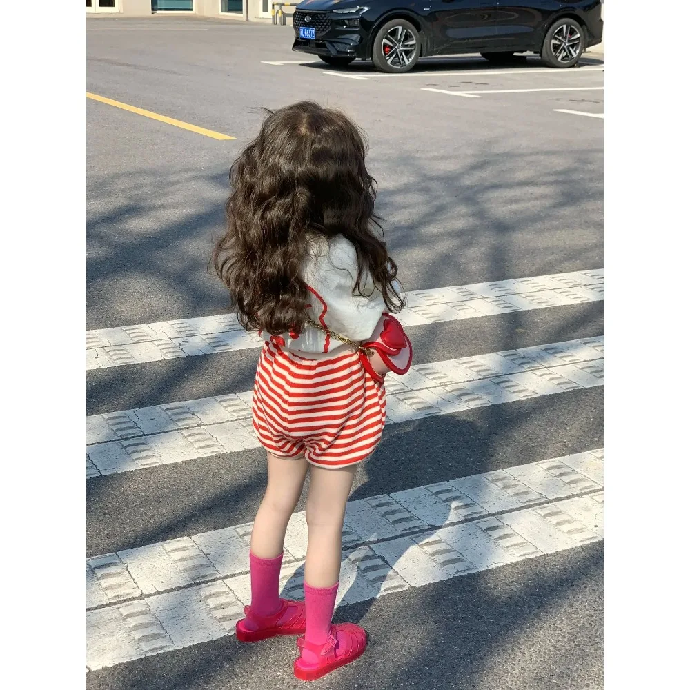 여아용 한국 스타일 바지, 올 매치 스트라이프 반바지, 루즈 캐주얼 핫 팬츠, 패션 여름 어린이 바지, 2024 여름 신상