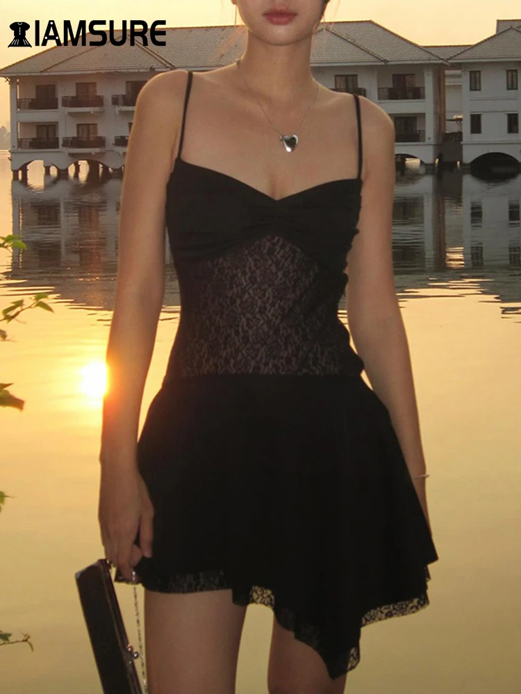 

IAMSURE Sexy Slim Lace A-Line Asymmetrical Dress See Through V-Neck Sleeveless Mini Dresses For Women 2023 Summer Fashion Lady