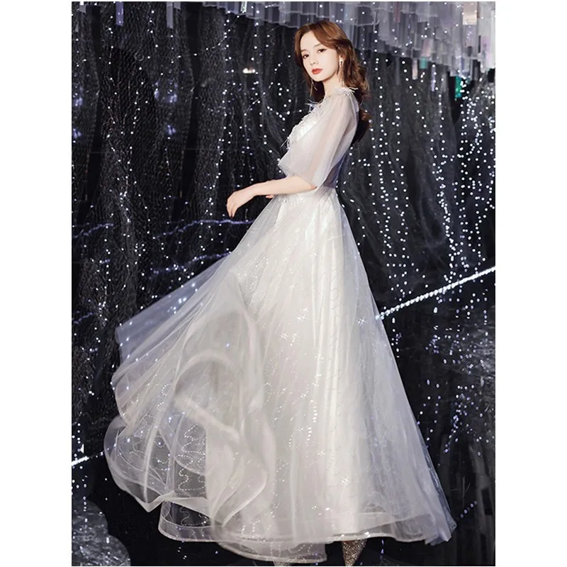 

Off-white Sexy V-neck Long Evening Dresses Illusion Vestido De Festa With Sleeves Fairy Flowers Elegant A-line Robe De Soiree