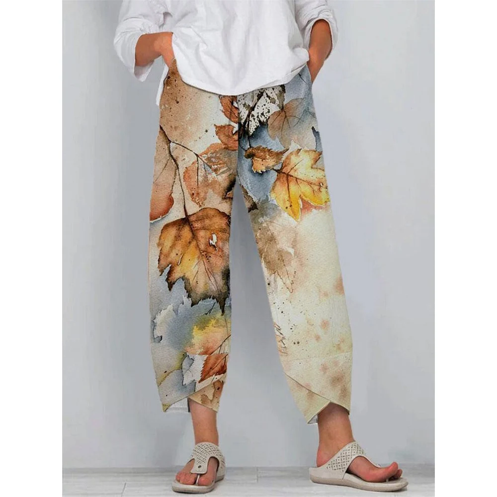 

CLOOCL Chic Pants Women Loose All-match Trousers with Double Pocket Yellow Maple Leaf Pattern Print Ankle-length Casual Pants