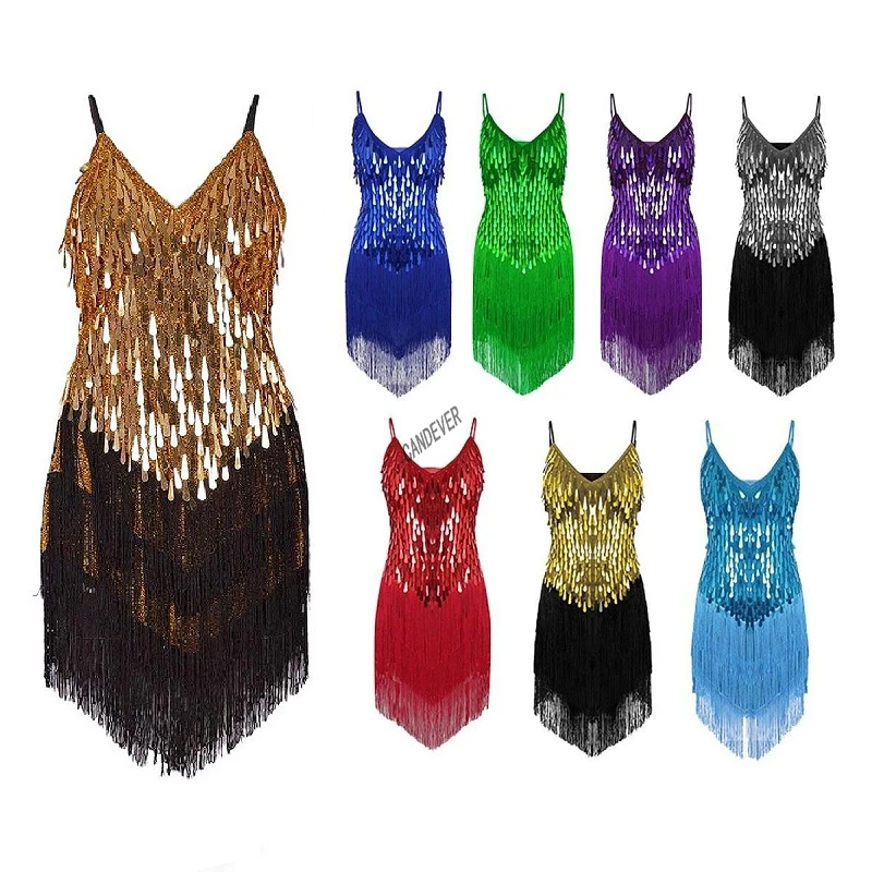 

Ladies Women's Red Blue Gold Sexy Tassel Latin Dance Dress Fringe Sequin Salsa Ballroom Tango Cha Cha Rumba Samba Dance Dresses
