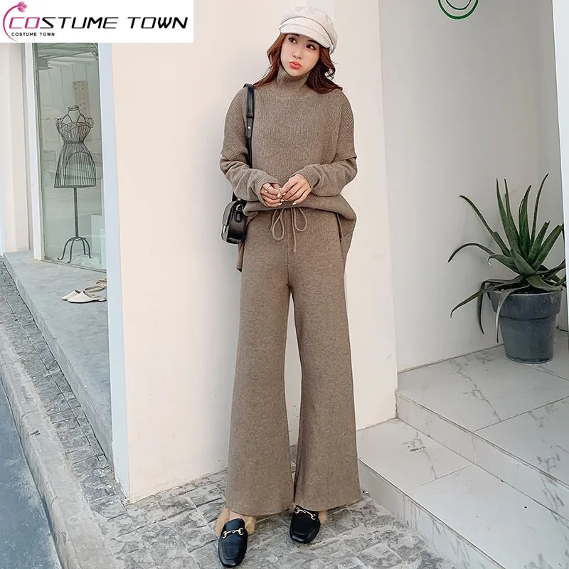 Half High Collar Wool Knitted Two Piece Set 2023 Autumn/Winter New Fashion Sports Leisure Age Reducing Wide Leg Pants Sweater