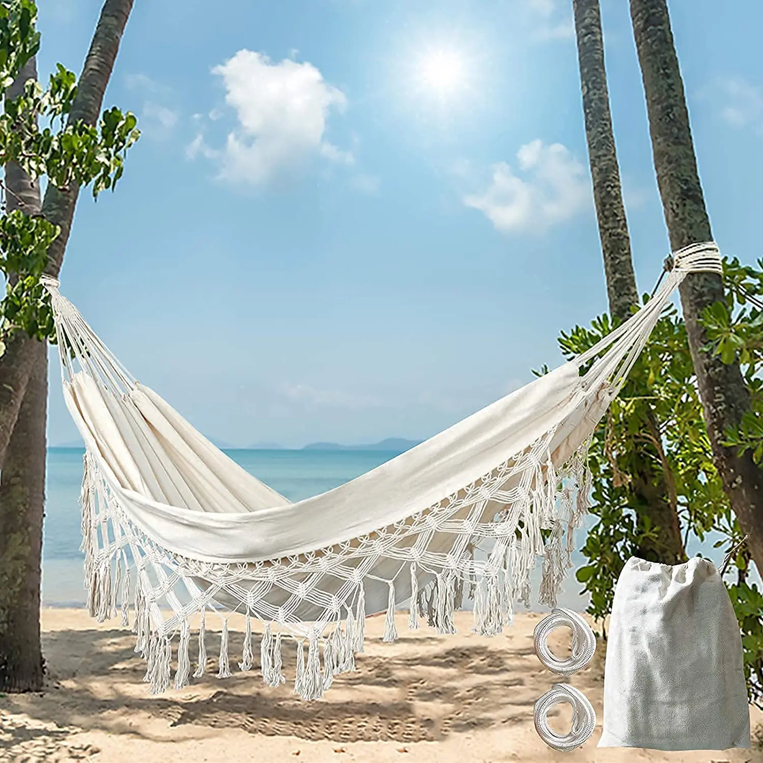 Macrame Fringe Hammock Boho Balcony Hammock Handmade Tassels 2 Person Double for Home Outdoor Backyard Beach camping hammock outdoor hammock swing foot hammocks double hammock
