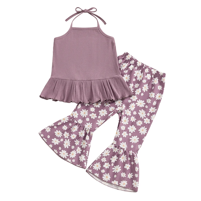 

Toddler Girl Clothes Summer 1T 2T 3T 4T 5T Little Girl Ruffle Halter Tops Daisy Print Bell Bottoms Outfit Set