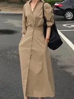 Modigirl Women Casual Long Shirts Dresses 2025 Summer Spring Clothes Khaki Puff Sleeves Botton Simple Maxi Dresses for Women - Image 3