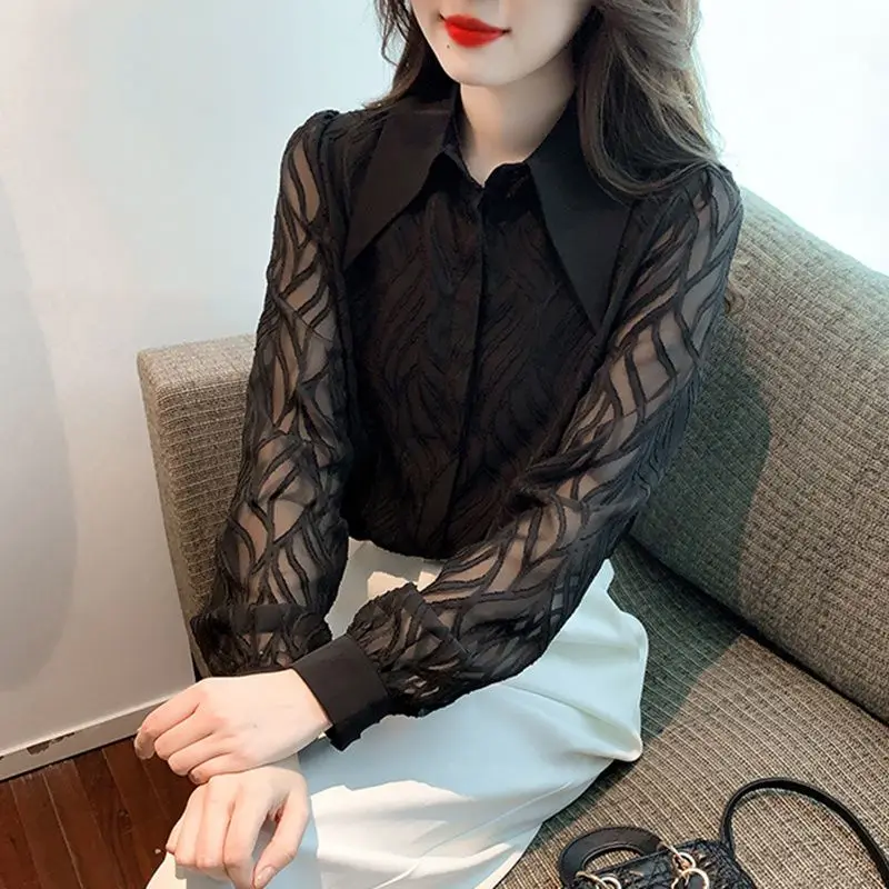 

2024 Spring Autumn Chiffon Polo Neck Long Sleeve Blouses Women Striped Chic Pullovers Korean Sweet Ladies Female Tops F68