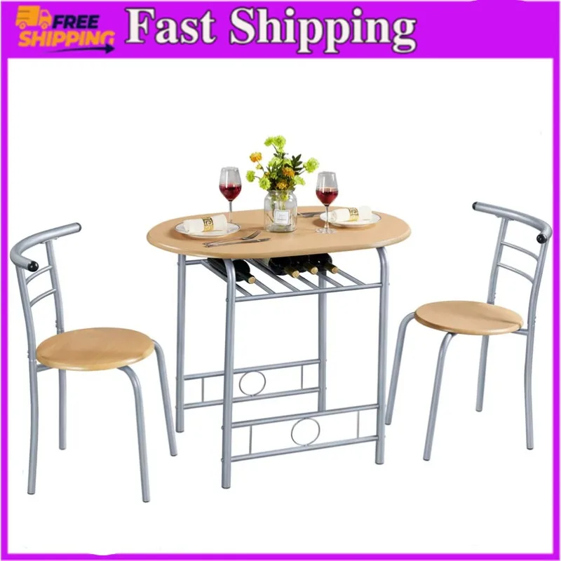

3-Piece Round Dining Table Set Kitchen Table Set with Storage Rack, Natural