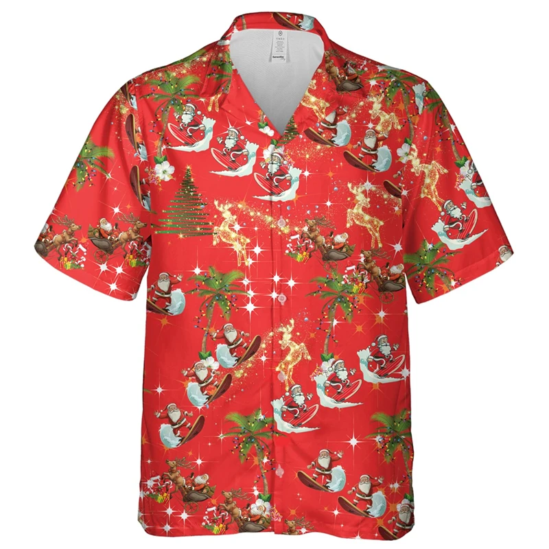 Hawaiian Shirt Children Summer Girl Clothes Tops Turndown Collar Kawaii Christmas Print Kid Clothes Boy Short Sleeve Shirts