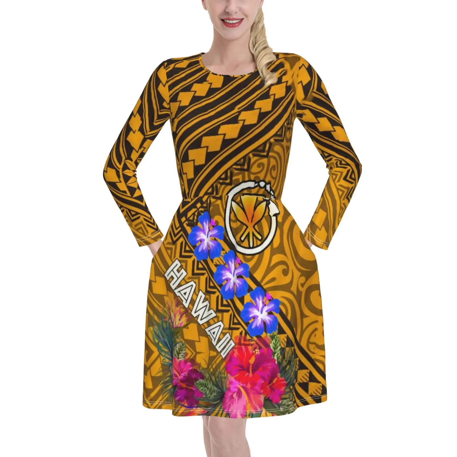 

NOISYDESIGNS Luxury Dress Women Hawaii Polynesian Plumeria Long Sleeve O-Neck Dress Casual Beach Dresses Sukienka Dropshipping