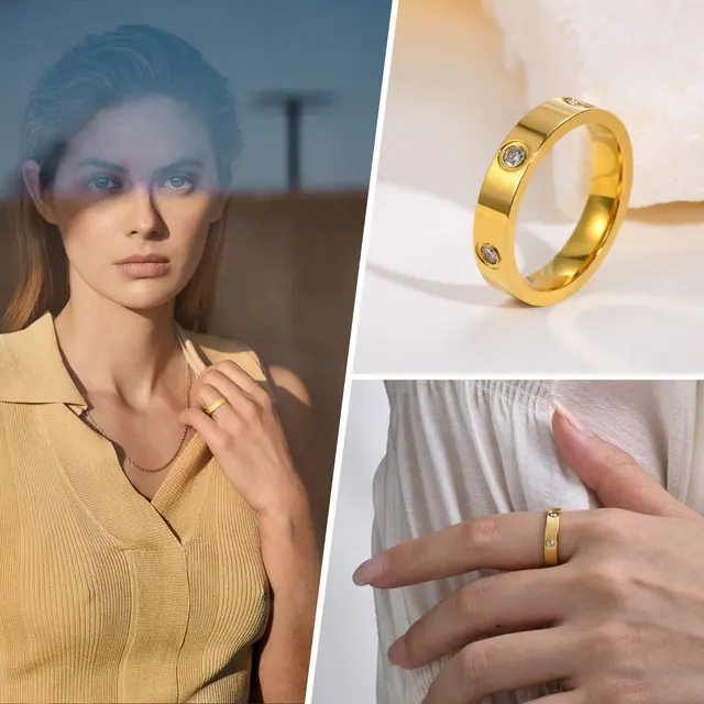 خواتم  الزركونيوم الرائعة للنساء المصنوعة من الفولاذ المقاوم للصدأ المطلية بالذهب للفتيات