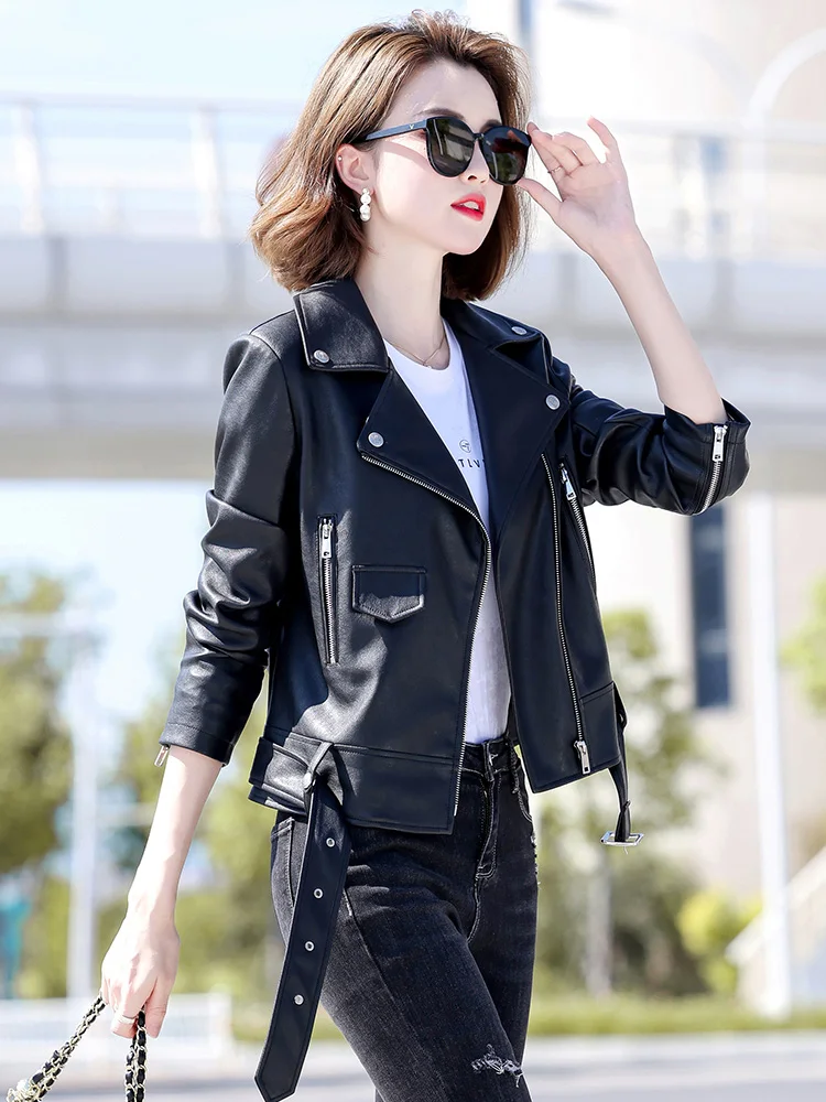 New Women Biker Leather Jacket Spring Autumn Fashion Cool Motor Style Suit Collar Sheepskin Short Coat Slim Jacket Split Leather