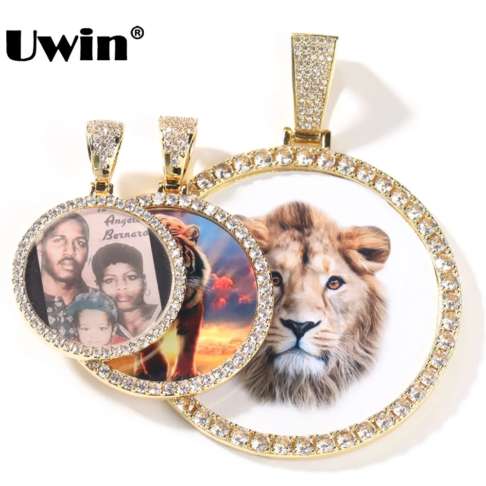 UWIN DIY Medallion Photo Pendant Necklace Large Round Custom Picture Charms Necklace Iced Out CZ Fashion Jewelry for Memory Gift custom photo projection necklace stainless steel chain heart flower start pendant diy picture inside couple family necklace