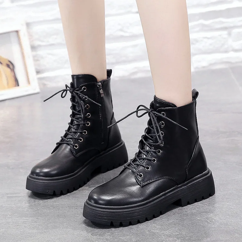 2022 Winter Women Boots Fashion Ankle Boots Woman Shoes Platform Boots Lace-up Ladies Motorcycle Booties Zapatos De Mujer