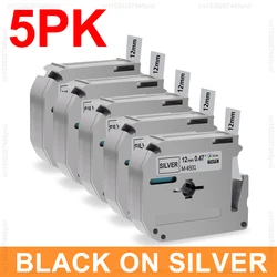 12mm Black on White Label Tape for Label Printers (5/10 Pack) (5PK Black on Silver)