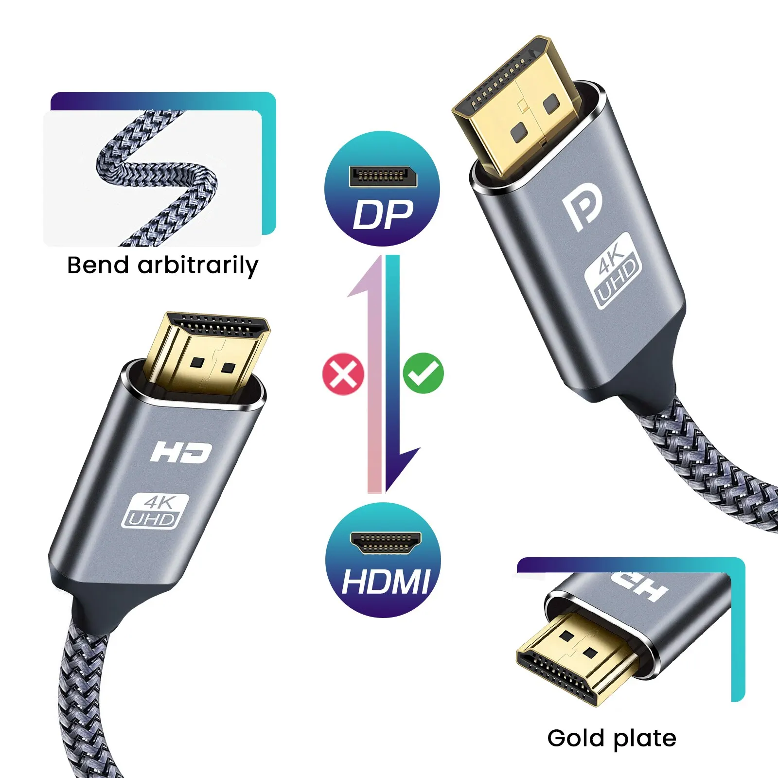 4K DisplayPort to HDMI Cable - High-Resolution Video & Audio Adapter for PC, HDTV, Projector - Available in 3ft, 6ft, 10ft Lengths