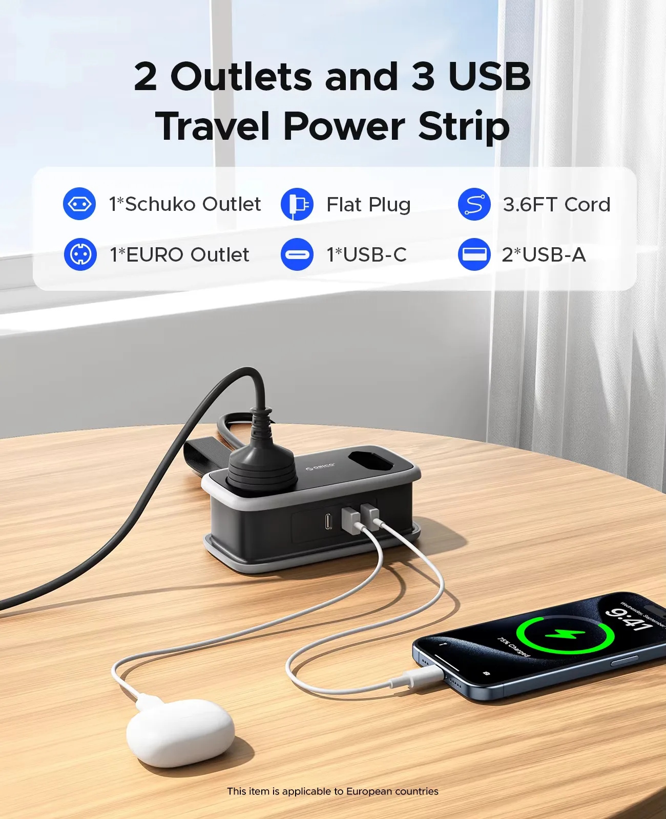 ORICO Travel Power Strip Smart EU Plug 3.6FT Extension Cord 5 Port USB A Type C Charging Station Adaptador Stand