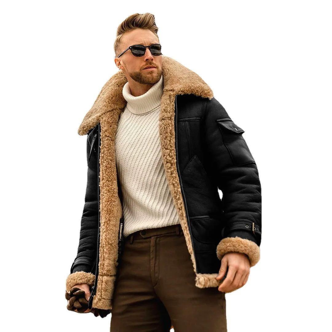 

European Autumn/Winter New Product Leather and Fur Integrated Fashion Warm Men's Jacket Mid Length Thickened Coat Men's Overcoat