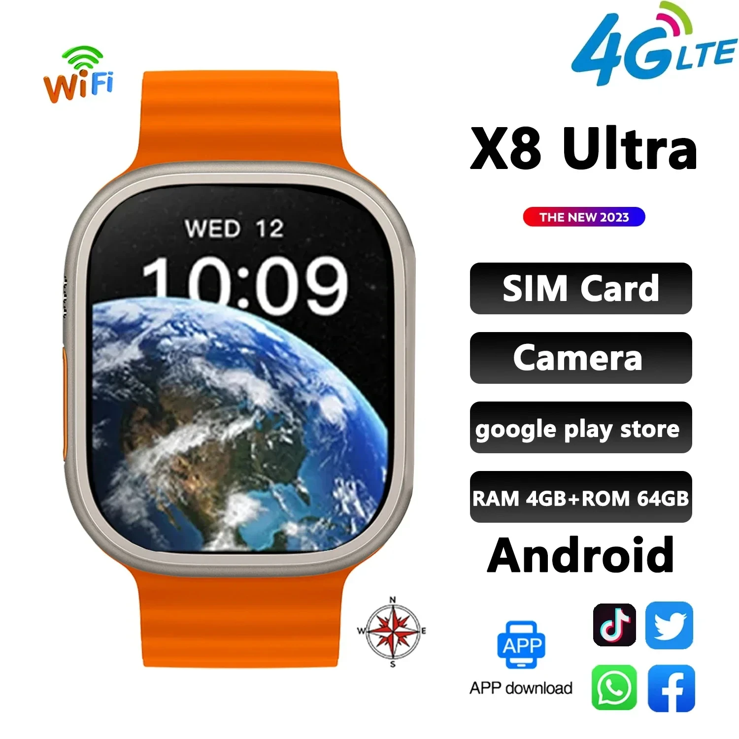 

X8 Ultra RAM 4GB+64GB 2.02" Android Smart Watch Health Monitoring Sport Sim Card Men 4G Call GPS Compass Wifi PK HK8 Smartwatch