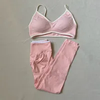 Ensemble de sport LOGO pour femme : Soutien-gorge de yoga, pantalon taille haute, effet push-up, pour entraînement abdominal, gym et course à pied 3