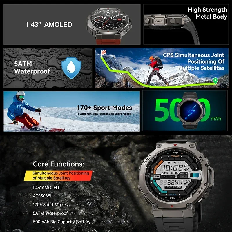 남성용 군용 GPS 스포츠 시계 나침반 5ATM 방수 1.43인치 AMOLED 170+스포츠 모드 500mAh 배터리 BT 통화 스마트 스포츠 시계 남성용