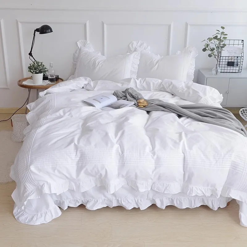 Korean Princess Solid White Flat Sheet 100% Cotton Bedding Sheets Ruffle Lotus Leaf Flat Bed Sheet For Adults No Pillowcases 6
