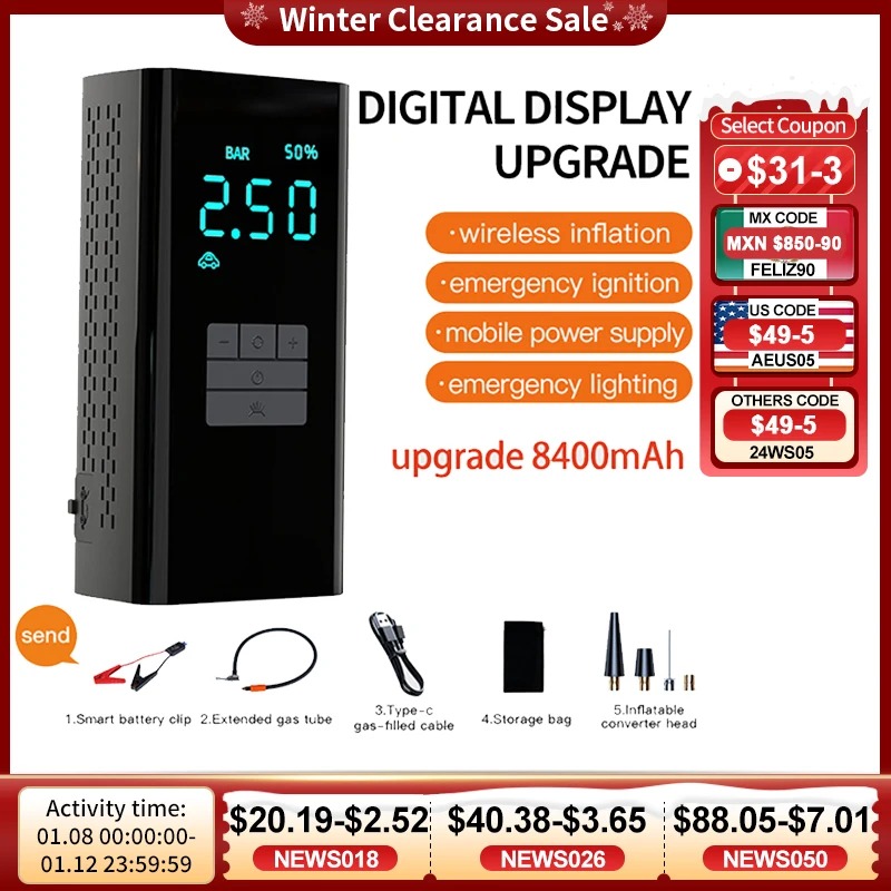 

4 in1 Car Jump Starter Emergency Wireless Air Pump Portable Air Compressor Multi-function Tire Inflator Auto Battery Starter