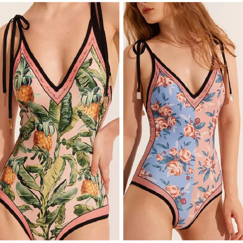 2023 New Tie-Shoulder One Piece Swimsuit with Skirt Women Swimwear Luxury Retro Monokini Bathing Suit Summer